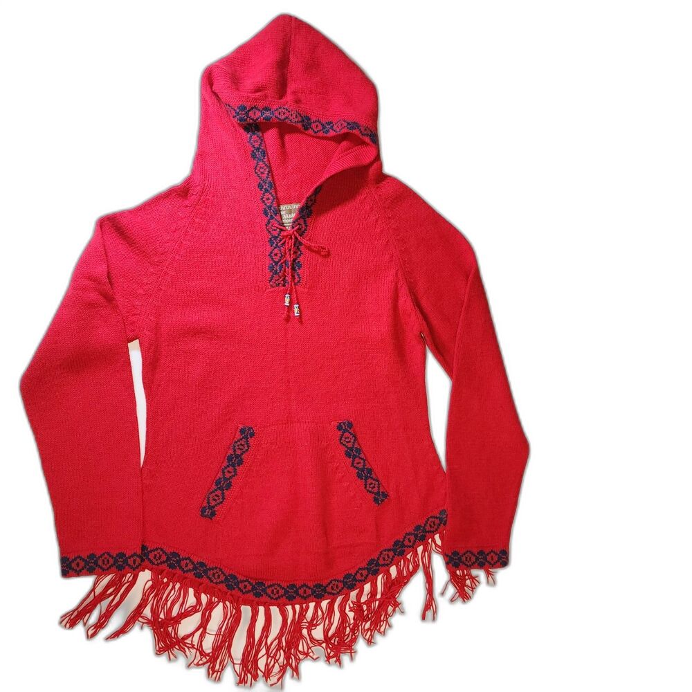 The Alpaca Connection Red Handmade Peruvian Alpaca Knit Sweater Hoodie Size S